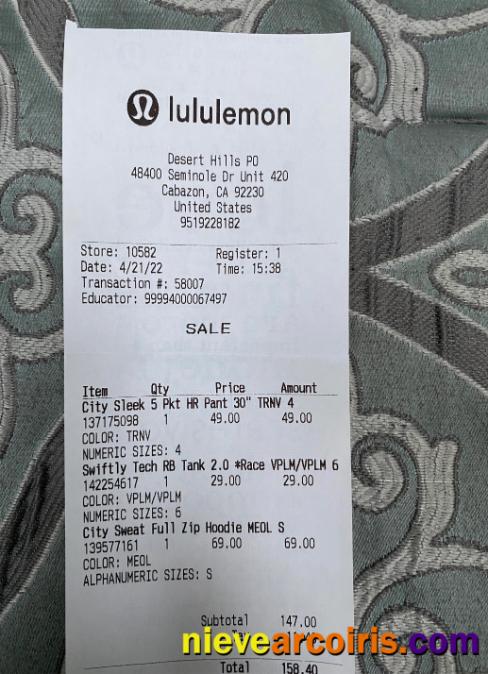USA Lululemon shop payment receipt